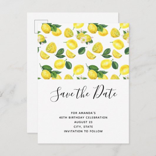Yellow Lemons Waterverf Pattern Save the Date Uitnodiging Briefkaart (Voorkant / Achterkant)