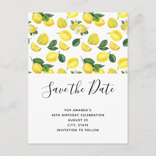 Yellow Lemons Waterverf Pattern Save the Date Uitnodiging Briefkaart (Voorkant)