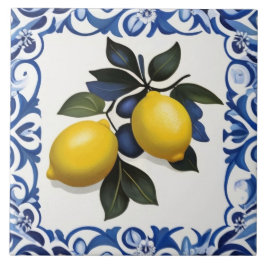 Yellow Lemons with Blue and White Border Tegeltje