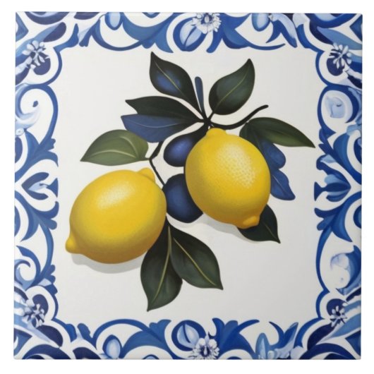 Yellow Lemons with Blue and White Border Tegeltje (Voorkant)