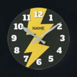 Yellow lighting bolt flash personalized ronde klok<br><div class="desc">Yellow lighting bolt flash personalized round clock. Cool powerful zigzag thunderbolt design with big number dial. Add custom name or text. Customizable colors. Cool wall clock for home,  office,  kid's room etc. Thunder strike at midnight.</div>