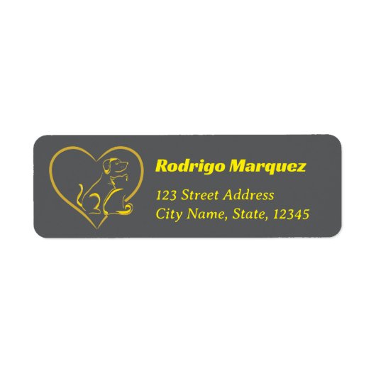 Yellow Line Art Cat, Dog, and Heart Etiket (Voorkant)