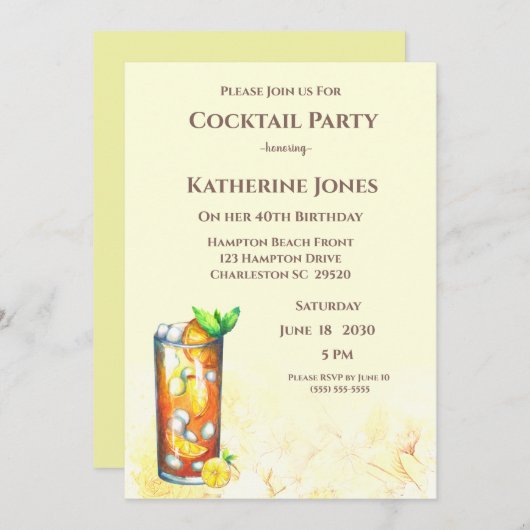 Yellow Long Island Tea Birthday Cocktail Party Kaart (Voorkant / Achterkant)