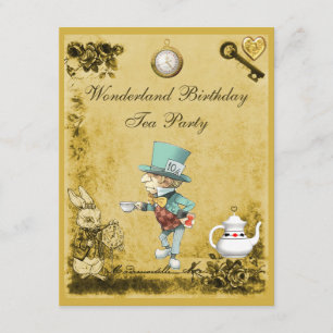 Yellow Mad Hatter Wonderland Birthday Tea Party Kaart