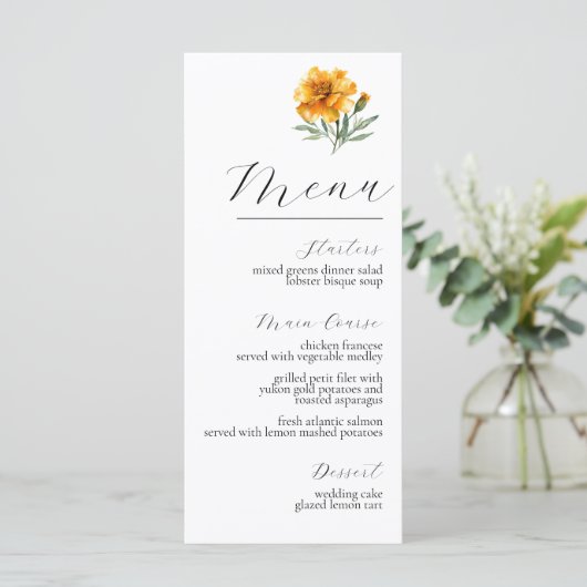 Yellow Marigold Elegant Floral Fall Wedding  Menu (Staand voorkant)