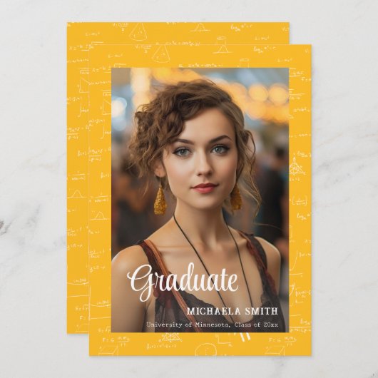 Yellow Math College Script Photo Graduation Aankondiging (Voorkant / Achterkant)