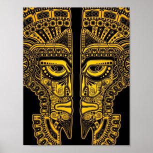 Yellow Mayan Twins Mask Illusion on Black Poster