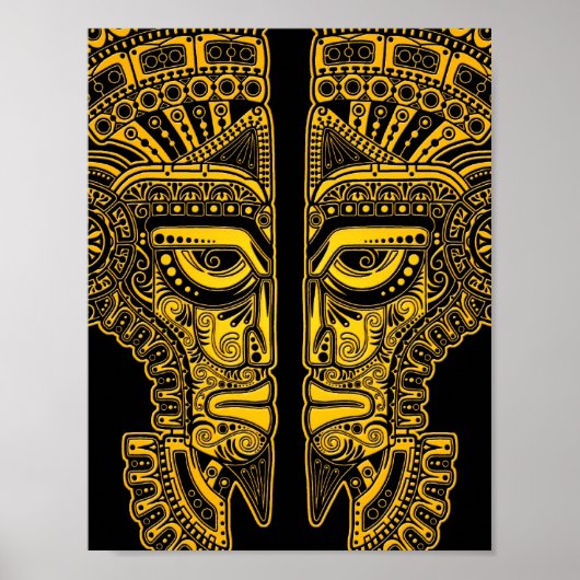 Yellow Mayan Twins Mask Illusion on Black Poster (Voorkant)