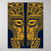 Yellow Mayan Twins Mask Illusion on Blue Poster (Voorkant)