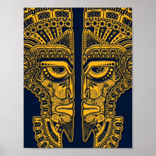 Yellow Mayan Twins Mask Illusion on Blue Poster