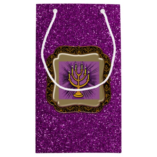 Yellow Menorah Lijst Paars Faux Glitter Klein Cadeauzakje (Achterkant)