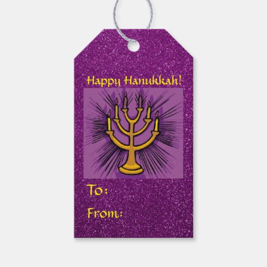 Yellow Menorah Paars Faux Glitter Cadeaulabel (Voorkant)