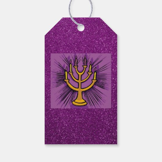 Yellow Menorah Paars Faux Glitter Cadeaulabel (Achterkant)