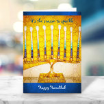 Yellow Menorah Season to Sparkle Custom Hanukkah Feestdagen Kaart<br><div class="desc">"Het is het seizoen om te springen. Happy Hanukkah." Een close-upfoto van een heldere, kleurrijke, gele gouden menorah helpt je om mee te doen in de vakantie van Hanukkah. Voel de warmte en de vreugde van het vakantieseizoen als je dit prachtige, kleurrijke wenskaart Hanukkah verstuurt. De bijbehorende enveloppen, stickers, zegels,...</div>