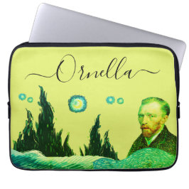 yellow modern face VanGogh star text editable  Laptop Sleeve