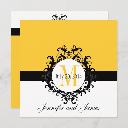 Yellow Monogram Damask Wedding Invitation Kaart (Voorkant / Achterkant)