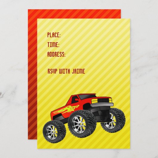 Yellow Monster Truck Invitation Kaart (Voorkant / Achterkant)