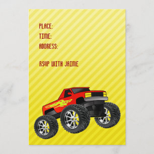 Yellow Monster Truck Invitation Kaart