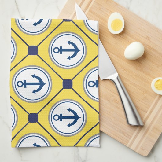 Yellow Nautical Anchor Pattern Theedoek (Quarter Fold)