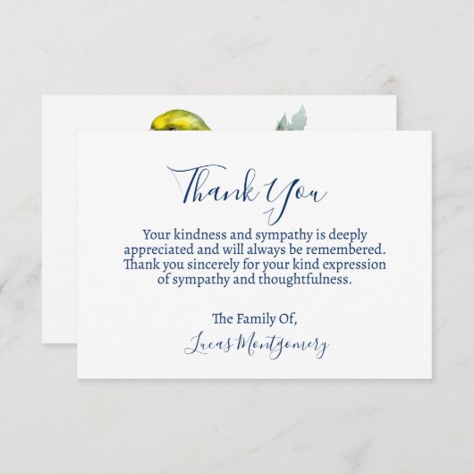Yellow Navy Bird begrafenis dank u, sympathie Notitiekaartje (Voorkant / Achterkant)