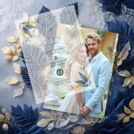 Yellow & Navy Blue Botanical Leaves Corner Initial Vellum Uitnodigingen