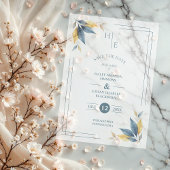 Yellow & Navy Blue Botanical Leaves Corner Initial Vellum Uitnodigingen