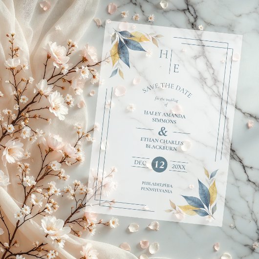 Yellow & Navy Blue Botanical Leaves Corner Initial Vellum Uitnodigingen