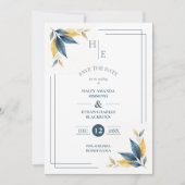 Yellow & Navy Blue Botanical Leaves Corner Photo Save The Date (Voorkant)