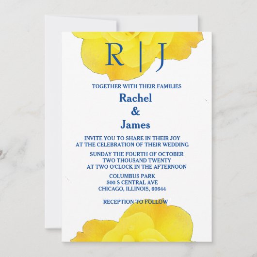 Yellow Navy Blue Floral Roos Elegant Cool Wedding Kaart (Voorkant)