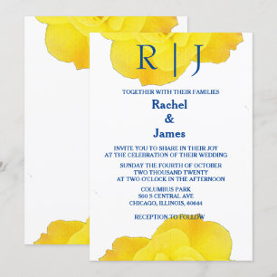 Yellow Navy Blue Floral Roos Elegant Cool Wedding Kaart