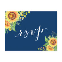 Yellow Navy Blue Sunflower Rustic Wedding RSVP
