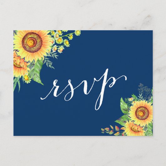 Yellow Navy Blue Sunflower Rustic Wedding RSVP Uitnodiging Briefkaart (Voorkant)