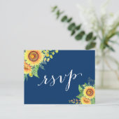 Yellow Navy Blue Sunflower Rustic Wedding RSVP Uitnodiging Briefkaart (Staand voorkant)