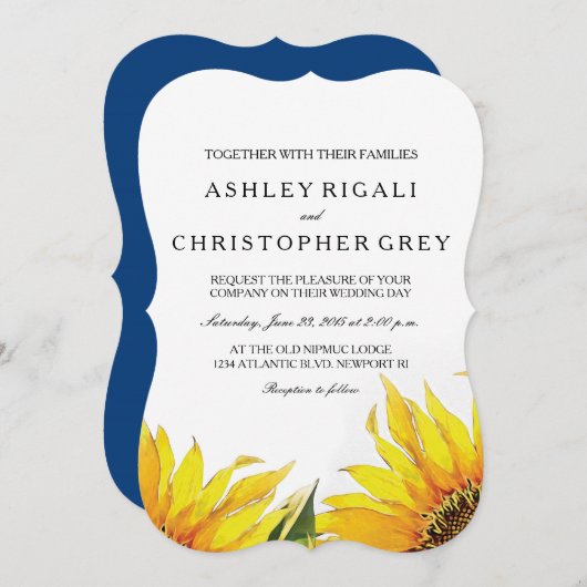 Yellow & Navy Blue Sunflower Wedding Invite Kaart (Voorkant / Achterkant)