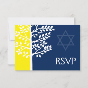 Yellow Navy Blue Tree of Life Bar Mitzvah RSVP Kaartje