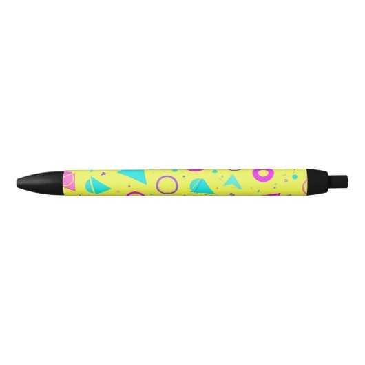 Yellow Neon Memphis Geometric 80s Design Zwarte Inkt Pen (Voorkant)