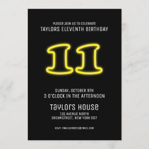 Yellow Neon Sign 11th Trendy Birthday Party Kaart