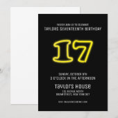 Yellow Neon Sign 17th Trendy Birthday Party Kaart (Voorkant / Achterkant)