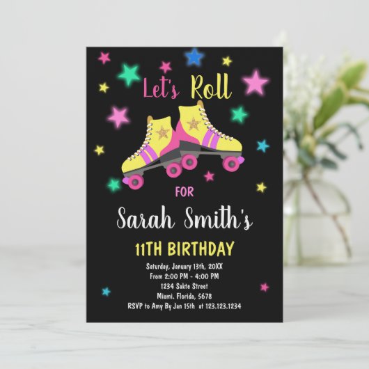 Yellow Neon Star Schaats Verjaardagsuitnodigingen Kaart (Staand voorkant)