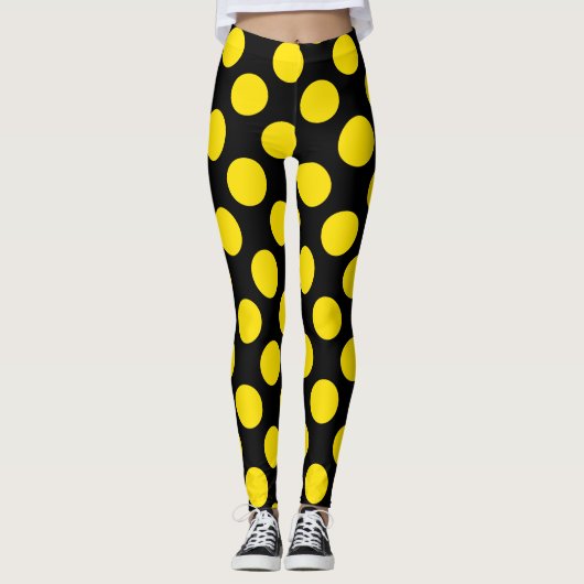 Yellow on Black Polka Dot Leggings (Voorkant)