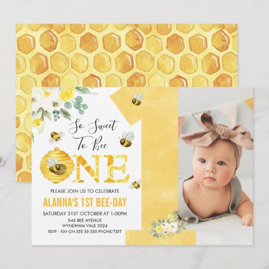 Yellow one Floral Honey bee first bee day Birthday Kaart (Voorkant / Achterkant)