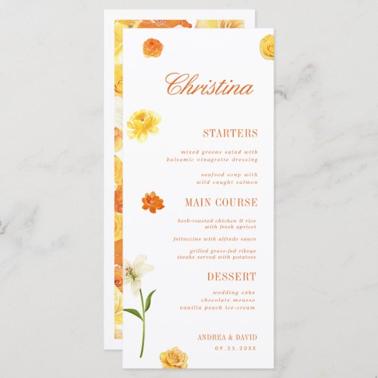 Yellow Orange Floral Custom Guest Name Garden Menu (Voorkant / Achterkant)