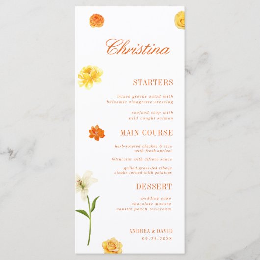 Yellow Orange Floral Custom Guest Name Garden Menu (Voorkant)