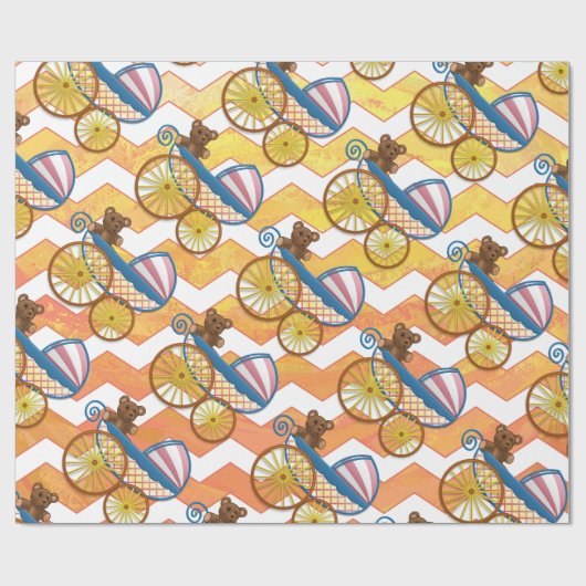 Yellow, Oranje Chevron Baby Carriage Pattern Cadeaupapier (Vlak)