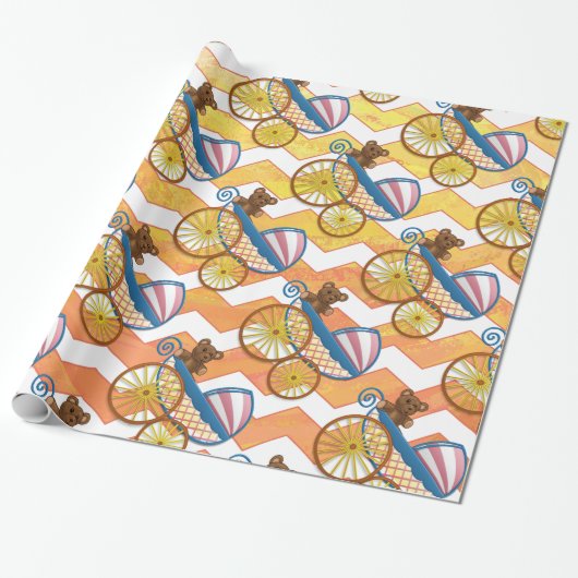 Yellow, Oranje Chevron Baby Carriage Pattern Cadeaupapier (Uitgerold)