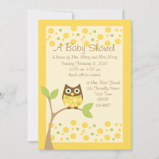 Yellow Owl Baby shower Invitation Kaart (Voorkant)