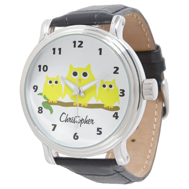 Yellow Owl Design Gepersonaliseerd Horloge (Gekanteld)