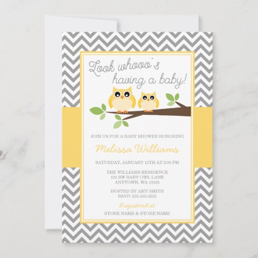Yellow Owl Grey Chevron Baby shower Kaart (Voorkant)