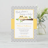 Yellow Owl Grey Chevron Baby shower Kaart (Staand voorkant)