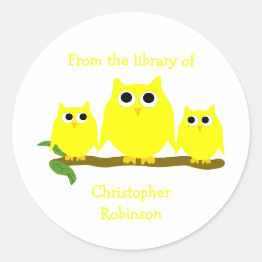 Yellow Owls Design Bookplate Ronde Sticker (Voorkant)
